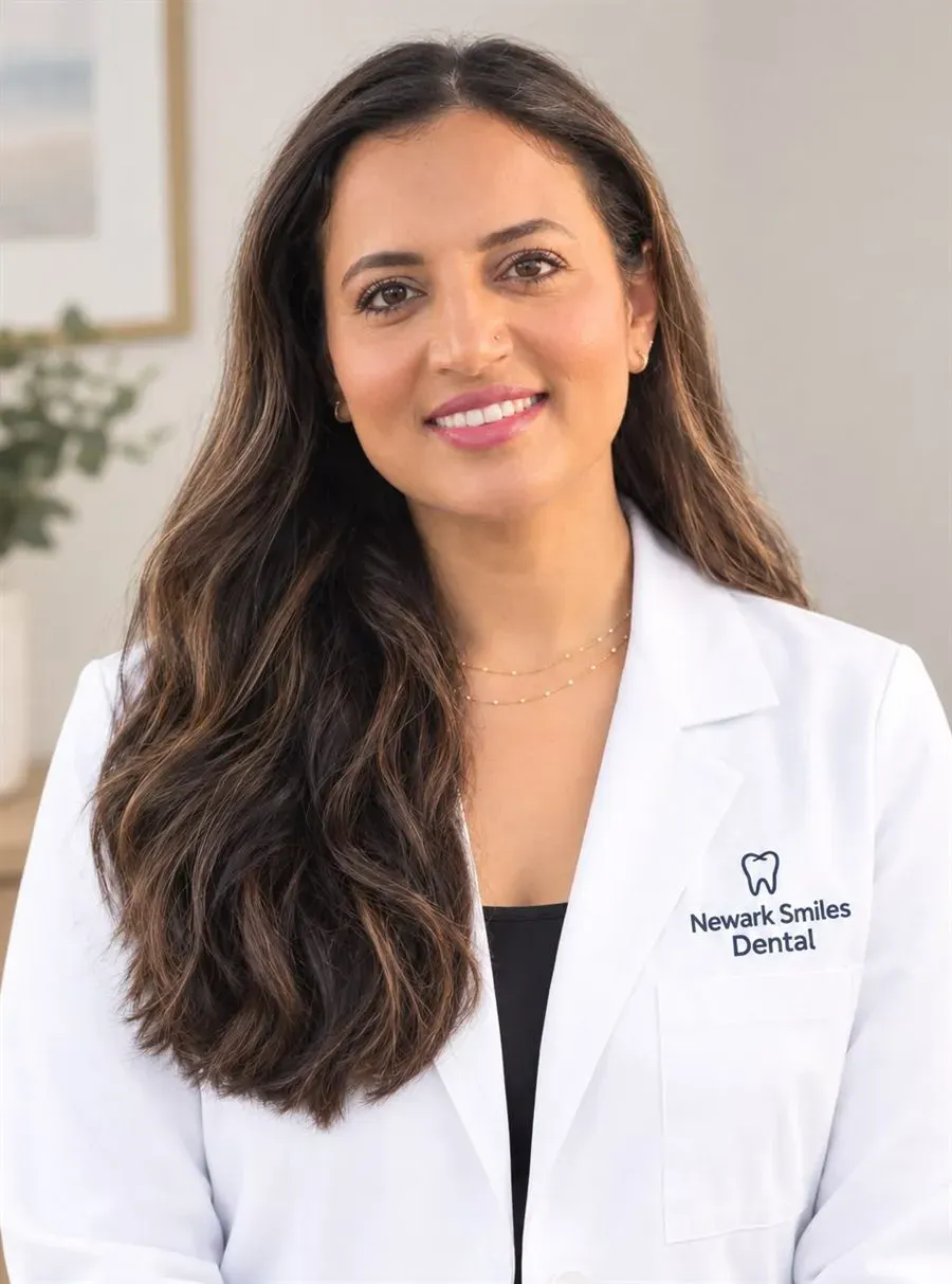 Smiling woman with long wavy hair wearing a white coat labeled "Newark Smiles Dental.